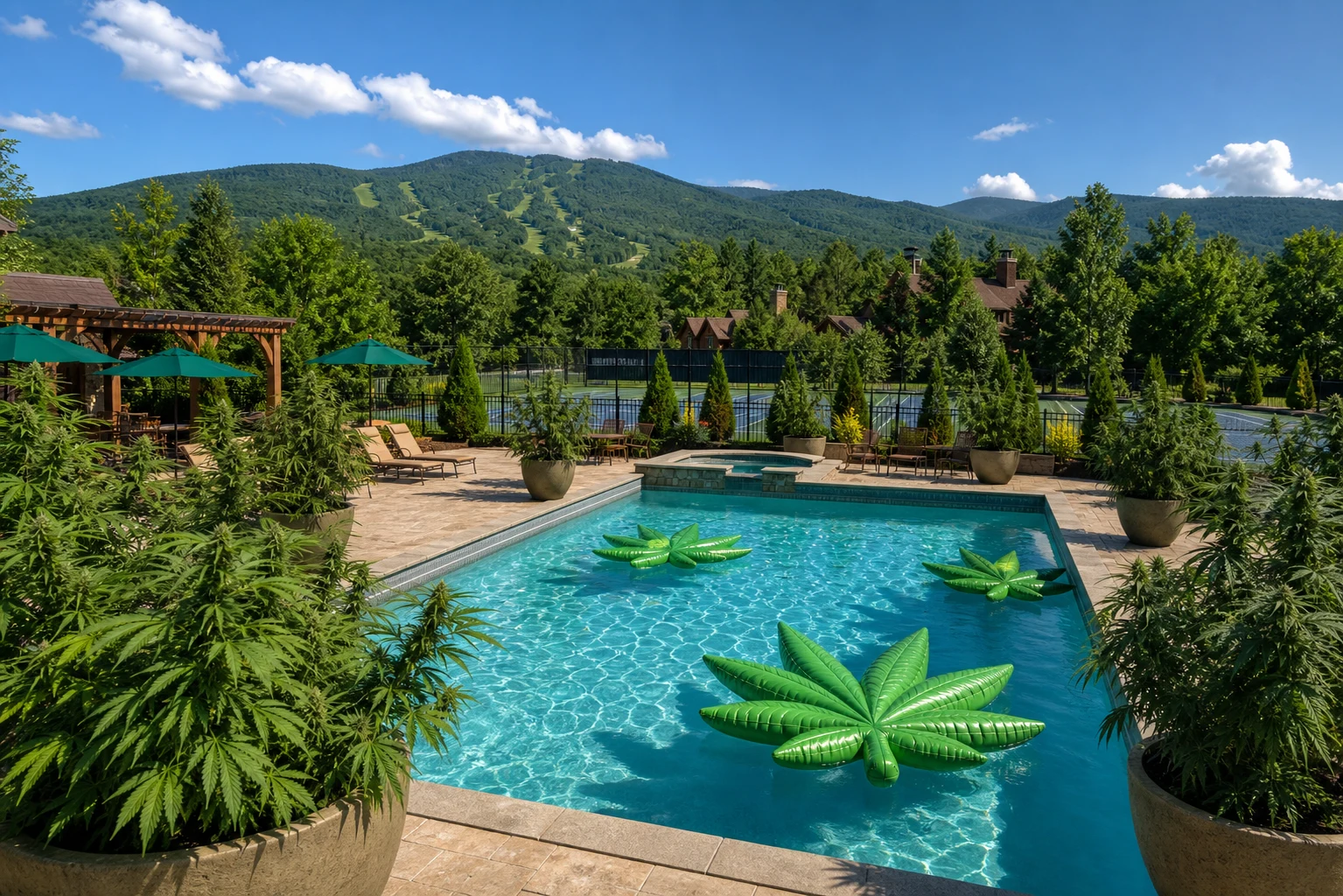 Pool deck with cannabis planters and leaf floats