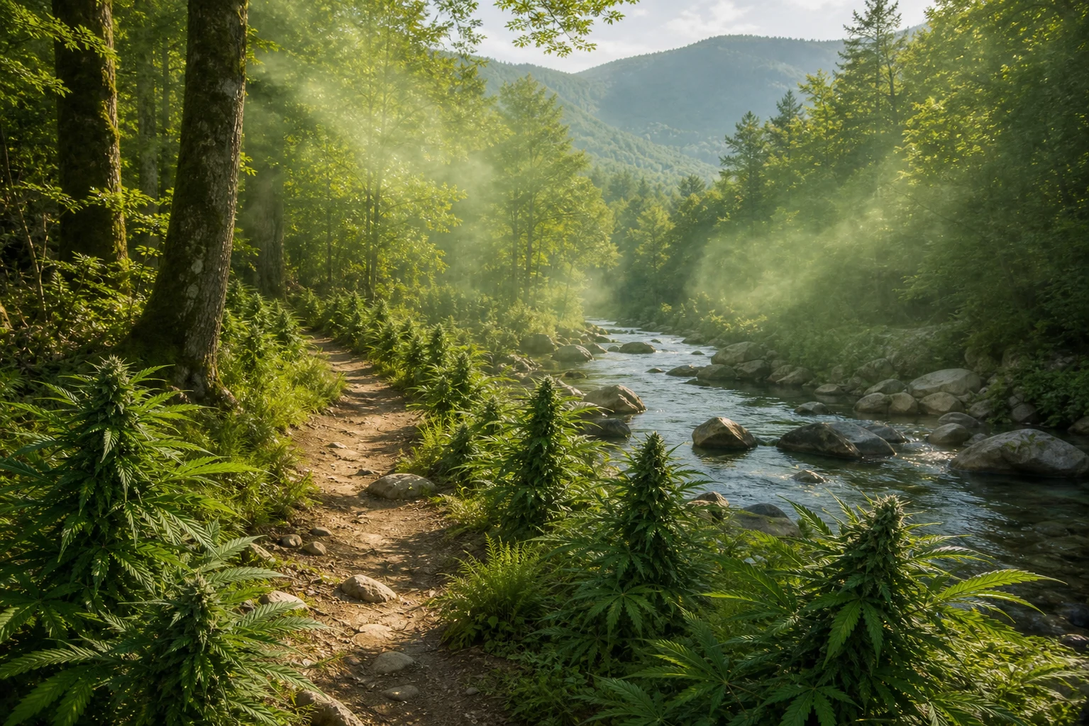 River and highking trail lined with cannabis plants