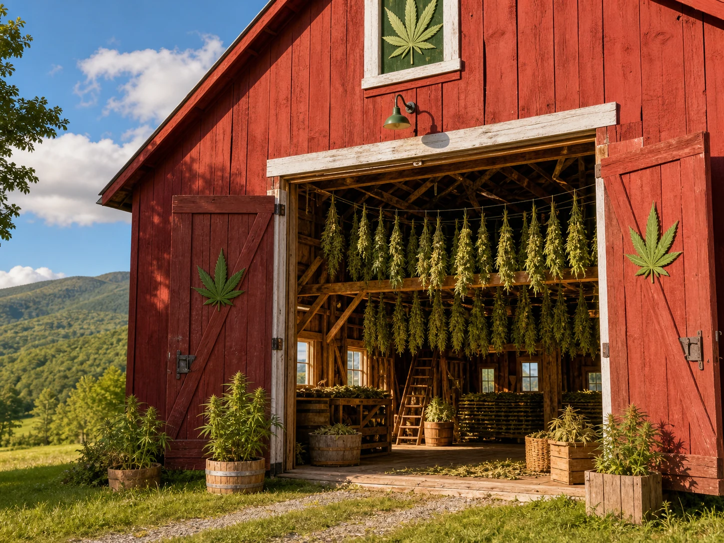 Historic barn filled with drying cannabis branches